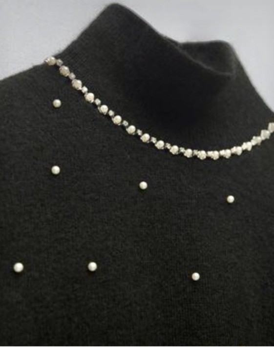 ZARA Pearl Rhinestone Mock Neck Posh Glam Classy Bling Y2K Knit Dress Black L