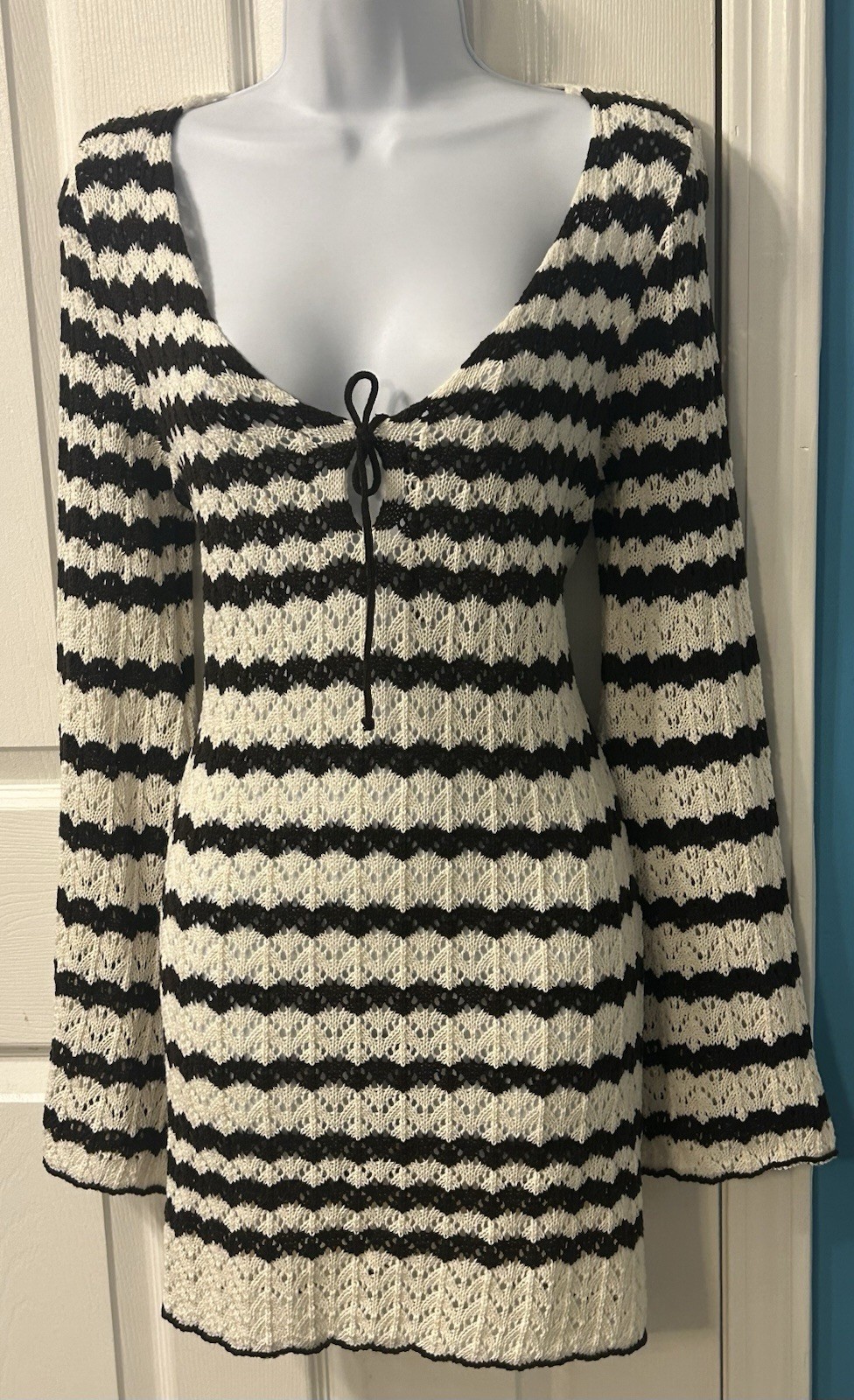 NEW Miss Selfridge 60s Style Boho White Black Striped Knit Flare Sleeve Dress M