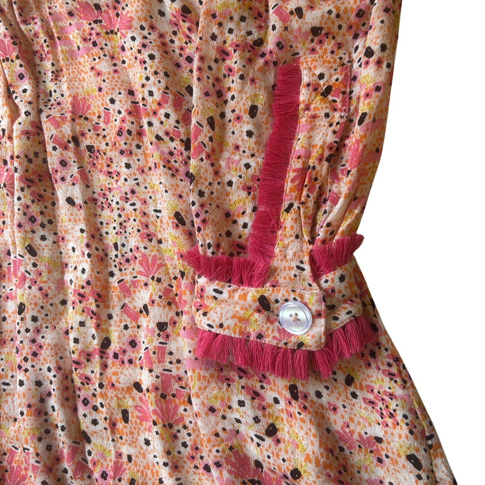 Poupette St Barth Mini Dress M Pink Orange Floral Fringe Pintuck V-Neck Boho