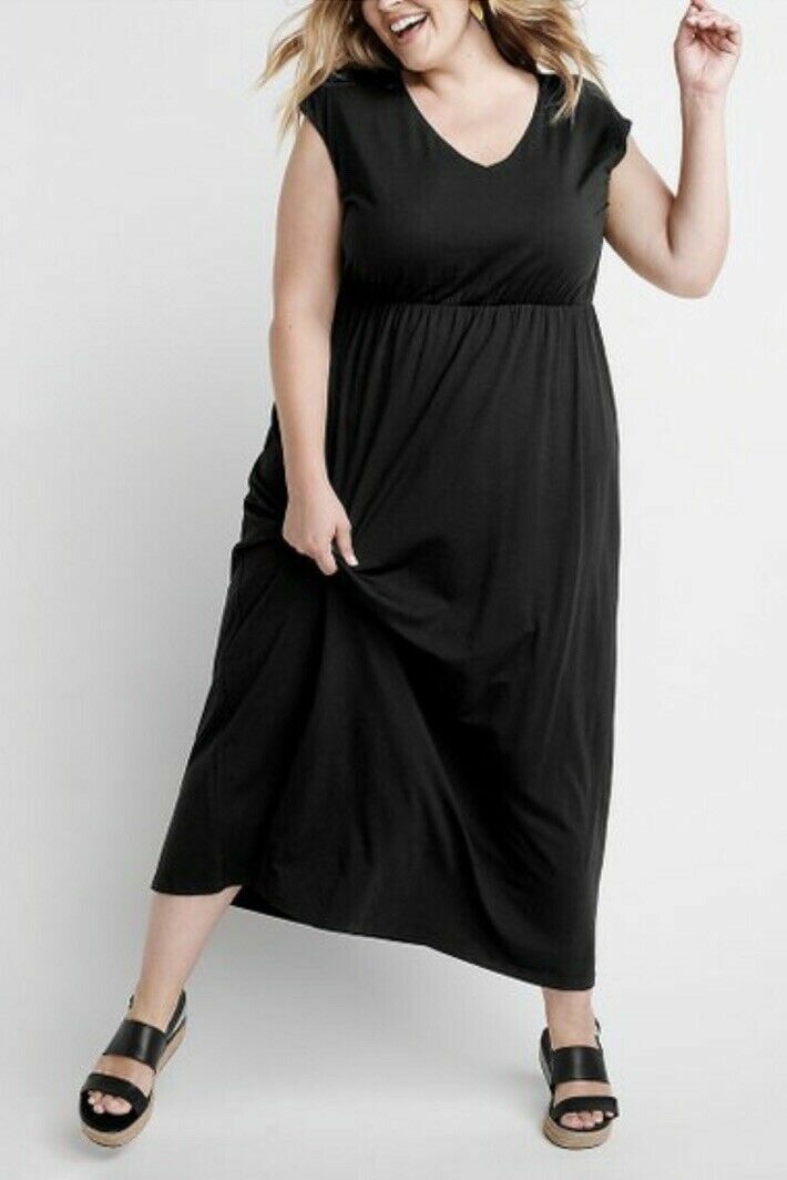 NWT RYLLACE BLACK STRETCH EMPIRE WAIST LINED V NECK MAXI DRESS SIZE 1X
