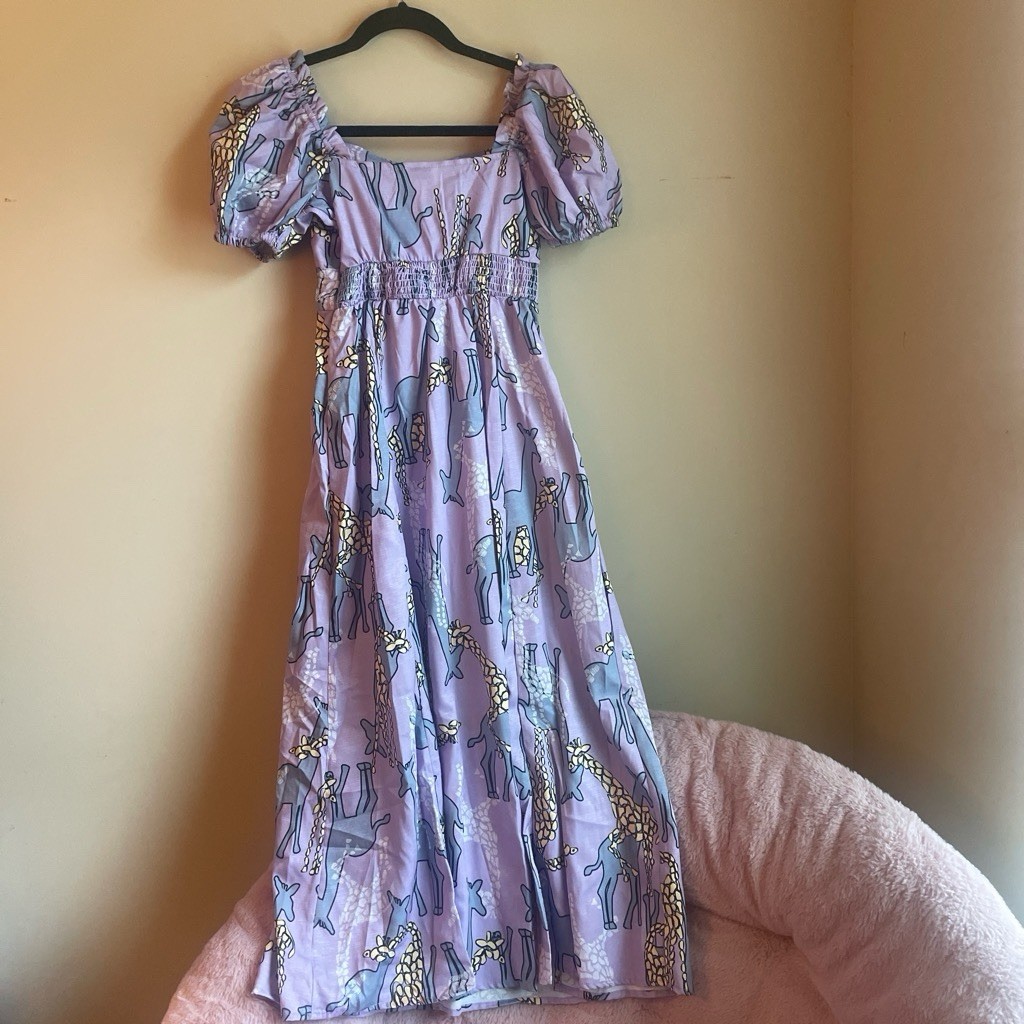Unique Vintage Purple Giraffe Print Puff Sleeve Maxi Dress XS/2