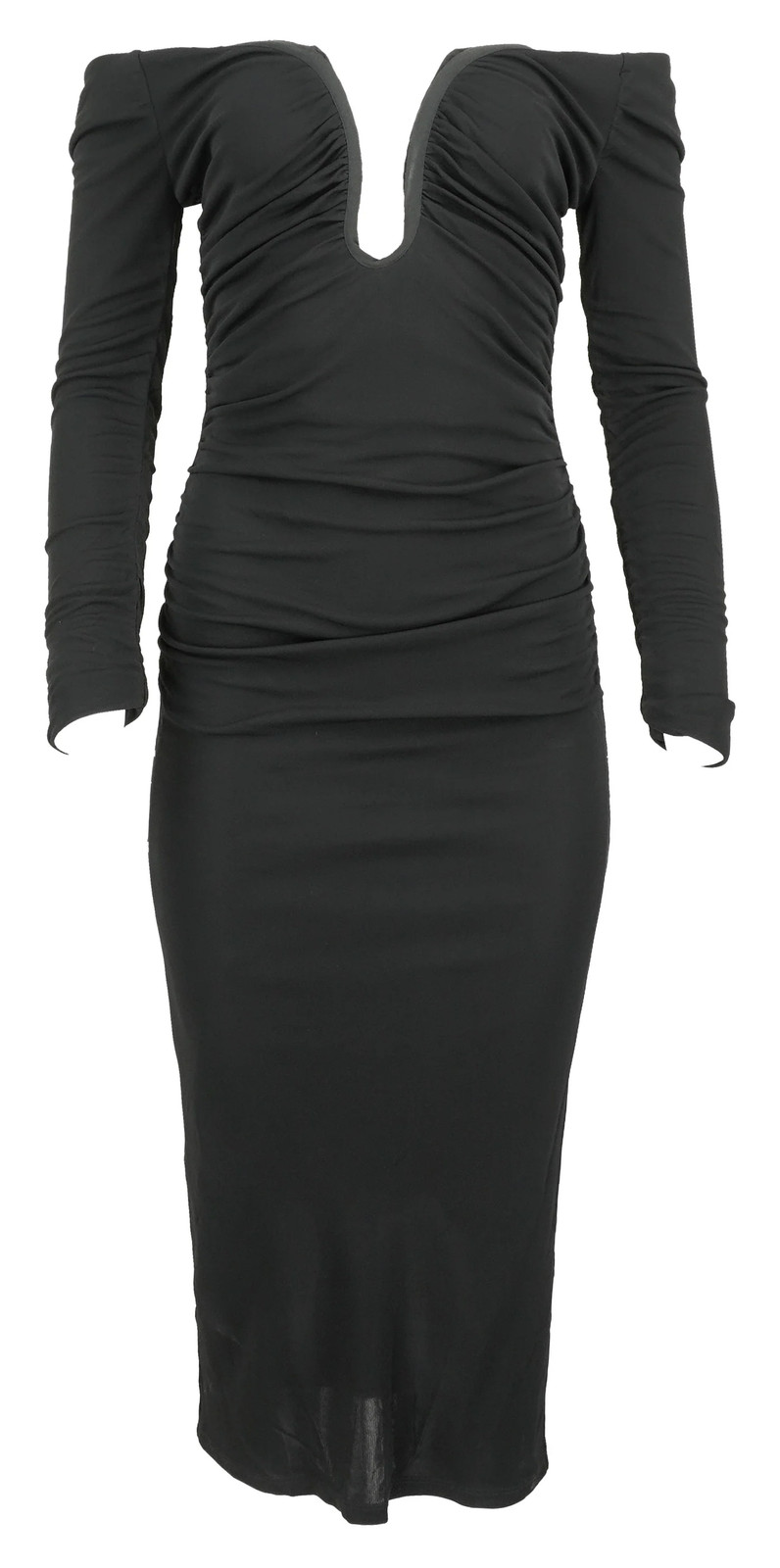 Carolina Herrera Long Sleeve Deep U-Neckline Ruched Midi Dress in Black