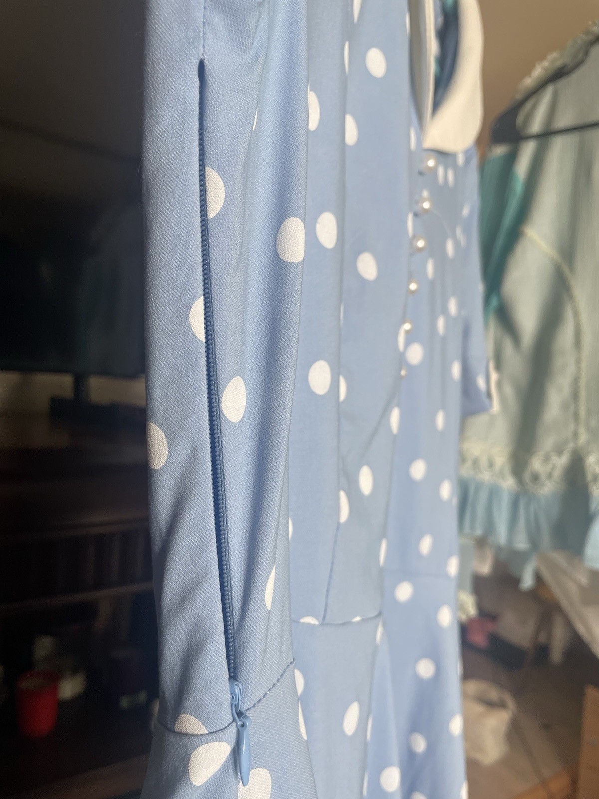 Gown Town Blue Polka Dot Short Sleeve Fit Flare Dress Rockabilly 50s Pinup L