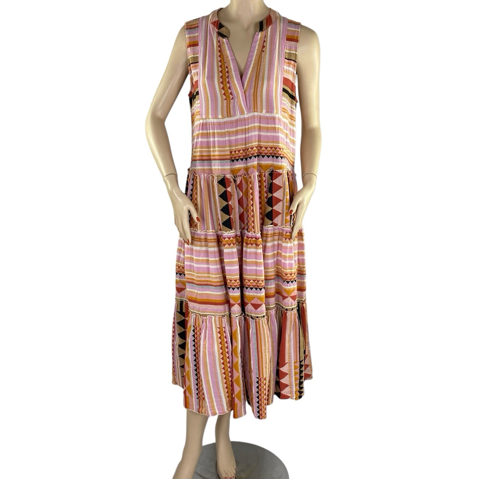 Devotion Twins Dress Aztec Festival Print Boho Chic Midi Cotton Coquette Med.