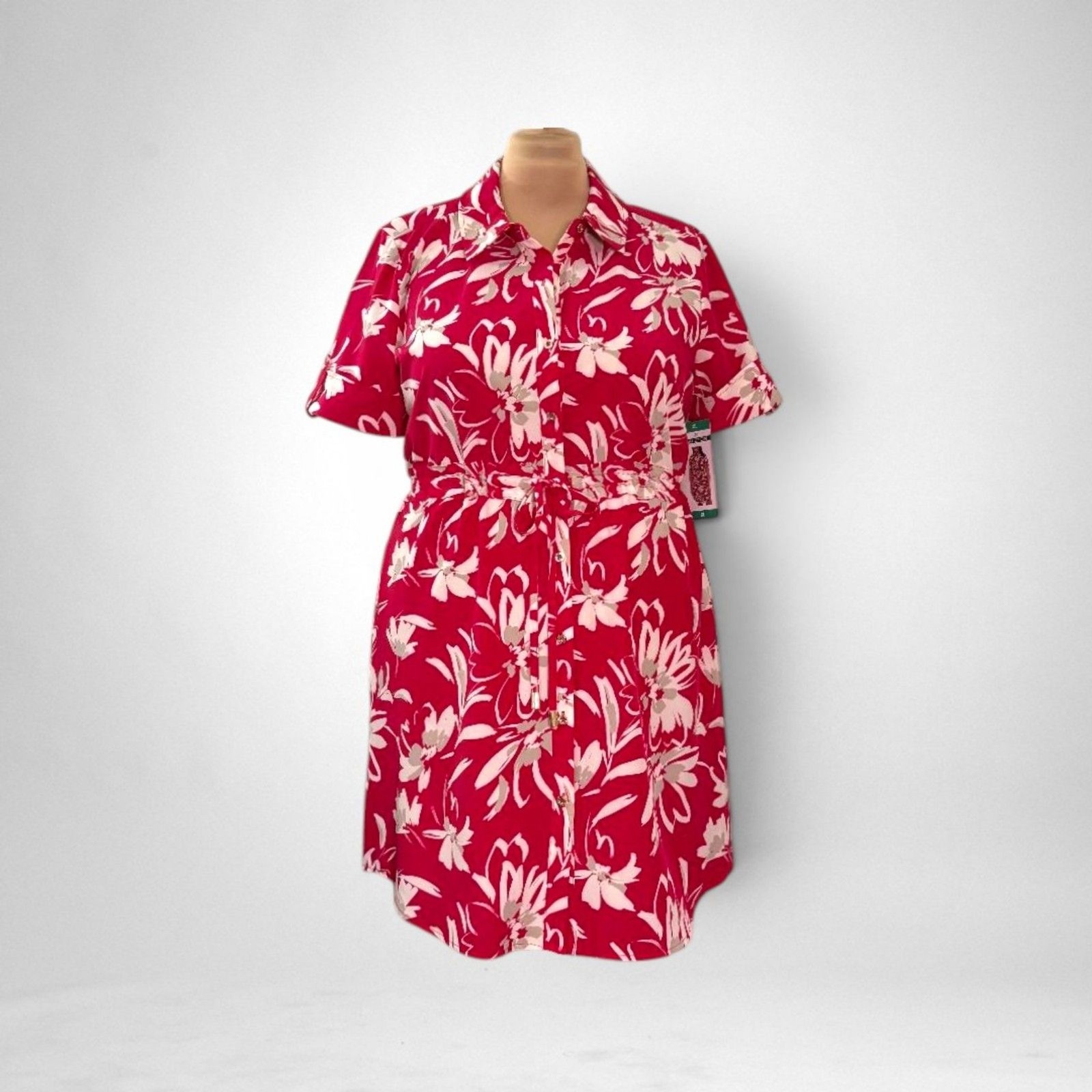 Halston Pink White Floral Shirt Dress Button Down Short Sleeve, NEW! Size XL