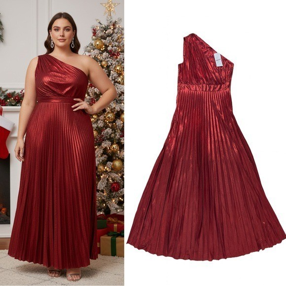 NEW Aomei Women Red Metallic Pleated One Shoulder Christmas Maxi Dress L Party
