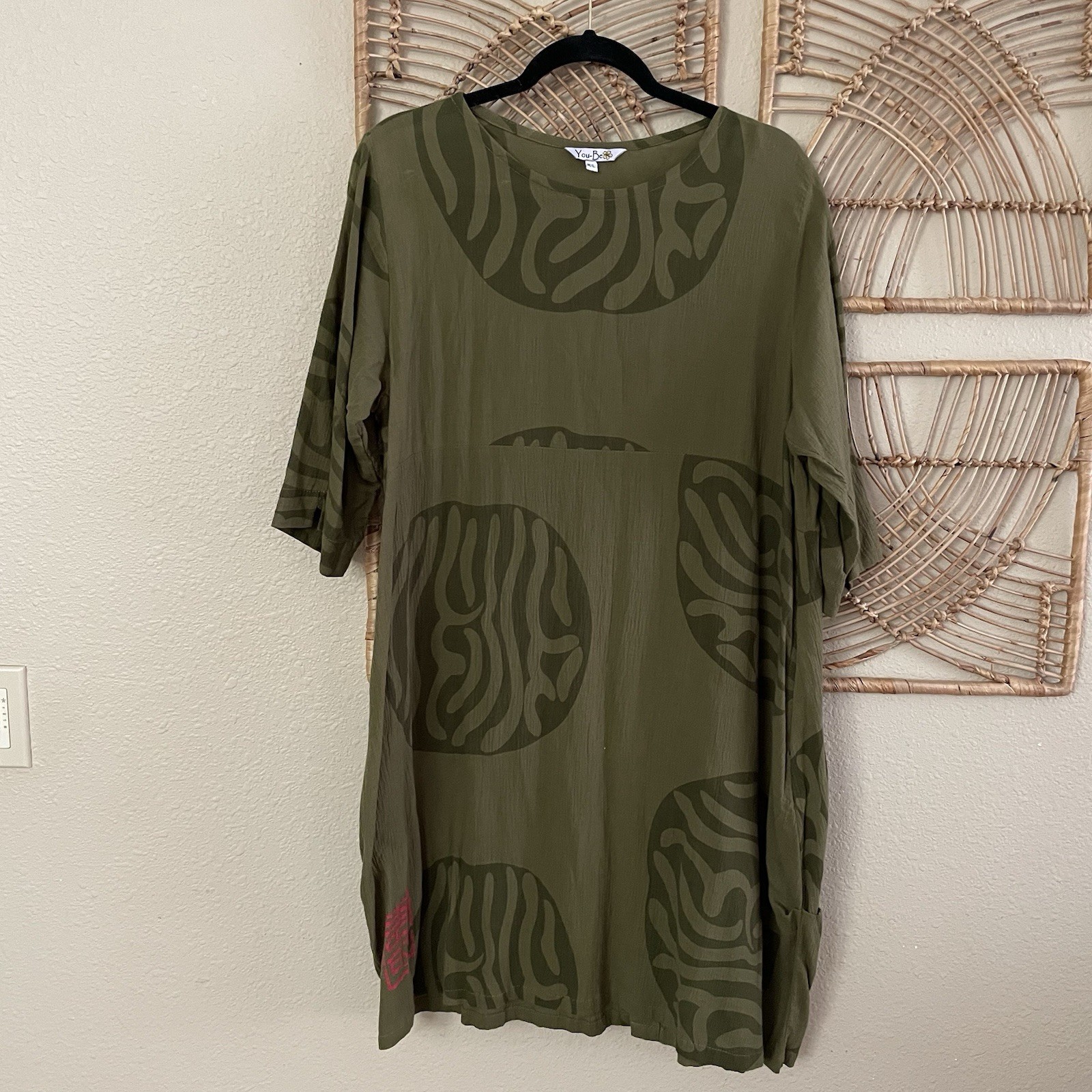 You-Be Asian Dress Lagenlook Coastal Artsy Beachy Art To Wear Green Sz M/L B3