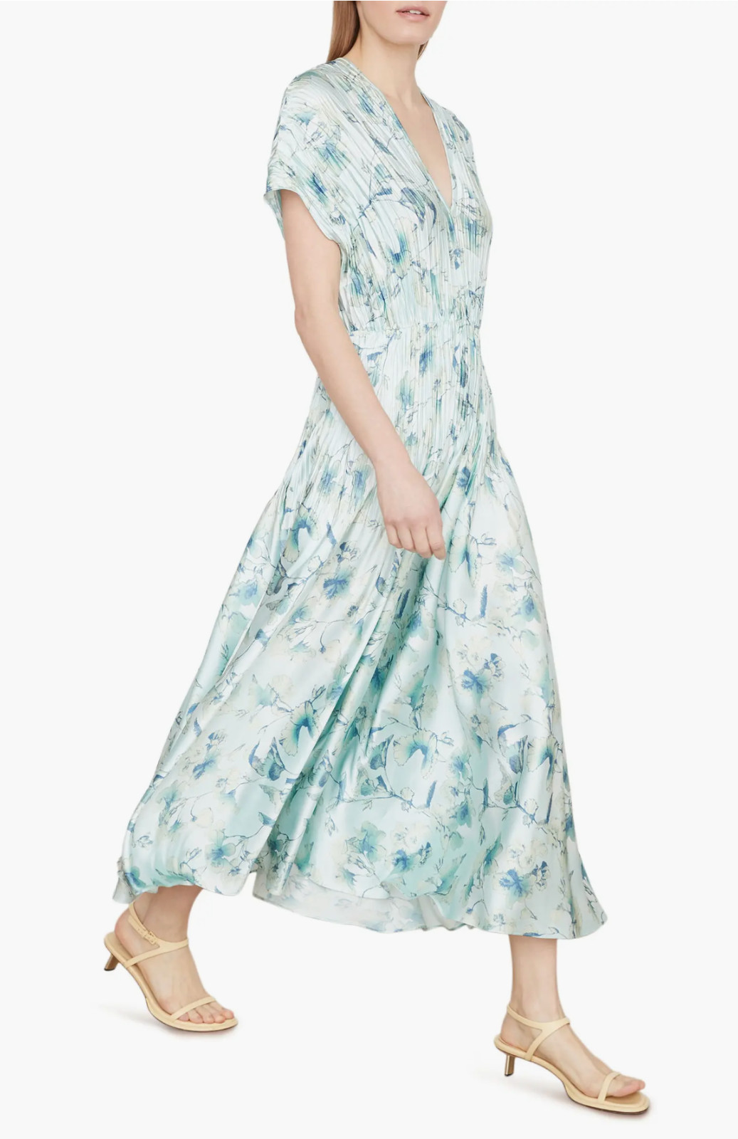 NEW VINCE [ Large ] Flora Crushed Cap Sleeve V-Neck Dress in Blue Floral U1710