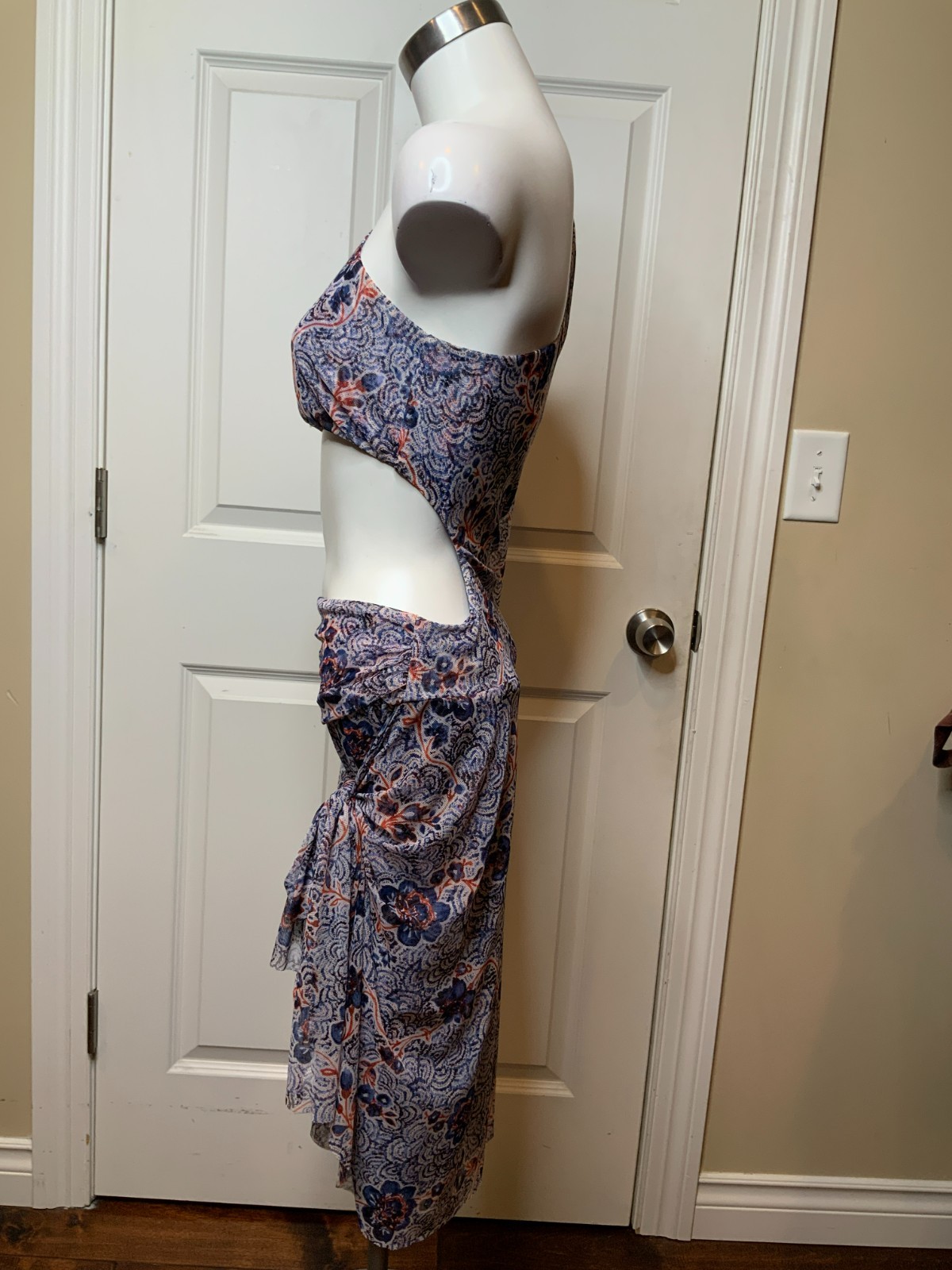 Misa Los Angeles White, Blue, Red Floral Mesh Calypso Cutout Dress, Size M, NWT!