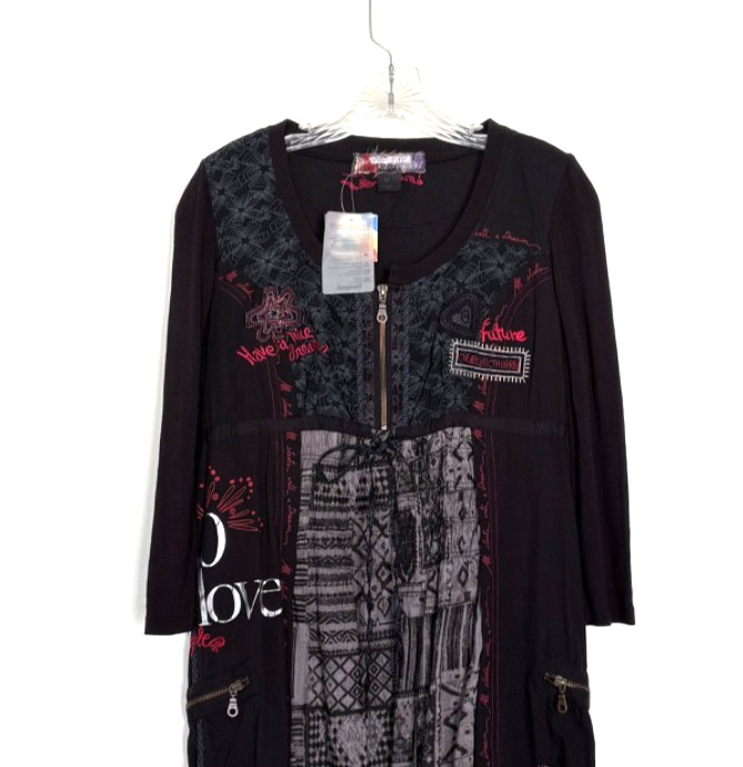 Desigual Wms Abeth 3/4 Sleeve Ruffle Hem Dress Large Black Red Zip Pockets Sz 12