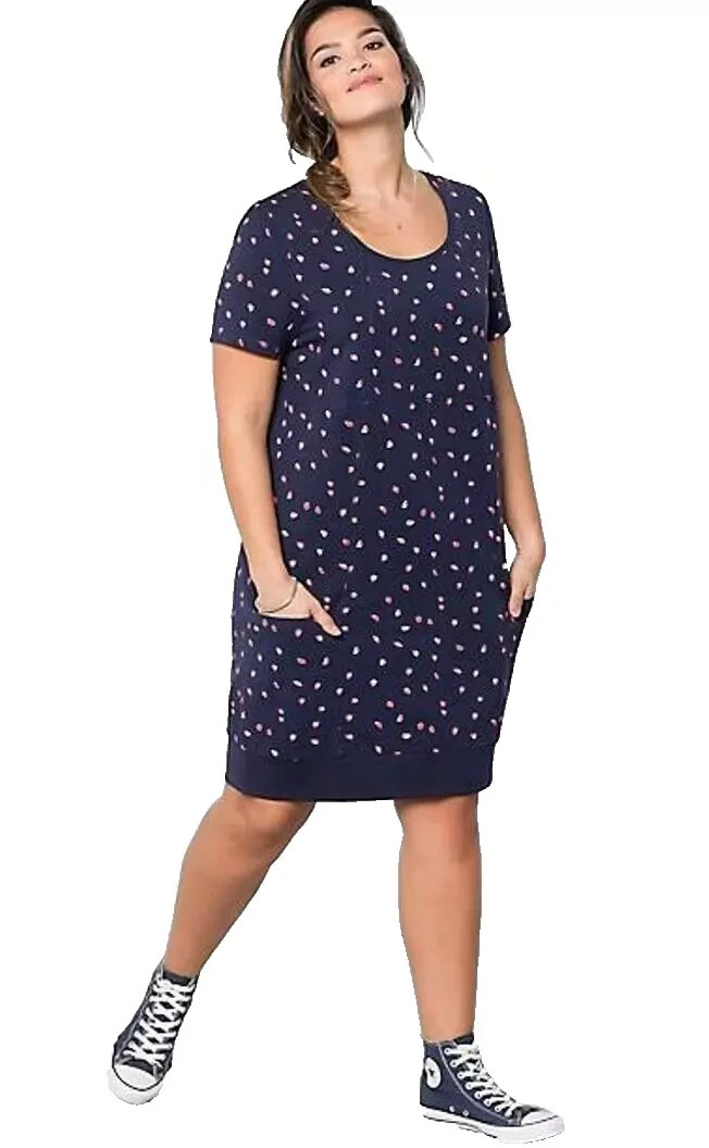 Sheego Plus Size 18 24 30 32 Navy Strawberry Print Casual Stretchy Tunic DRESS
