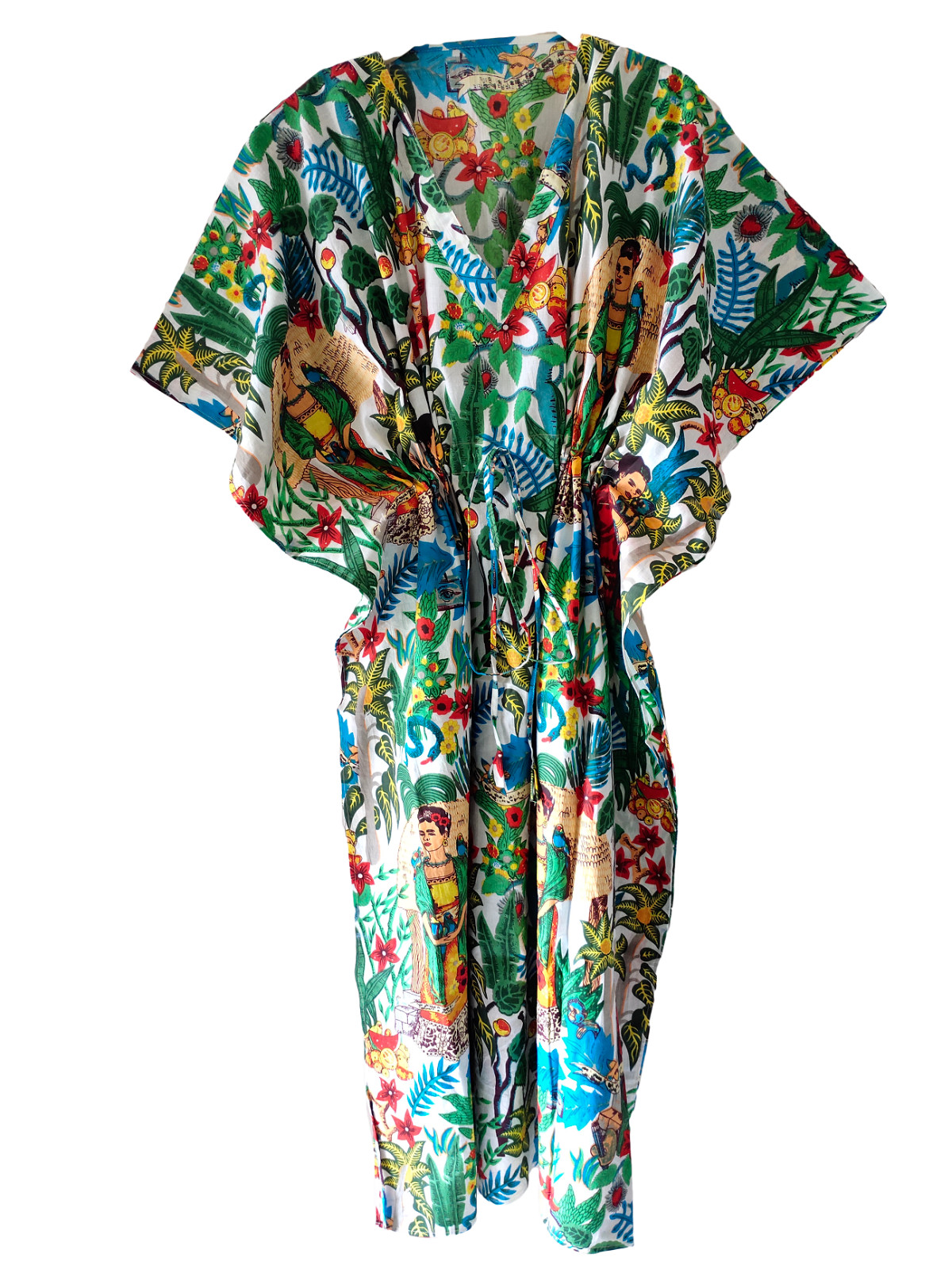 Women Hippie Cotton Summer Sleepwear Frida Printed White Long Maxi Caftan Dress