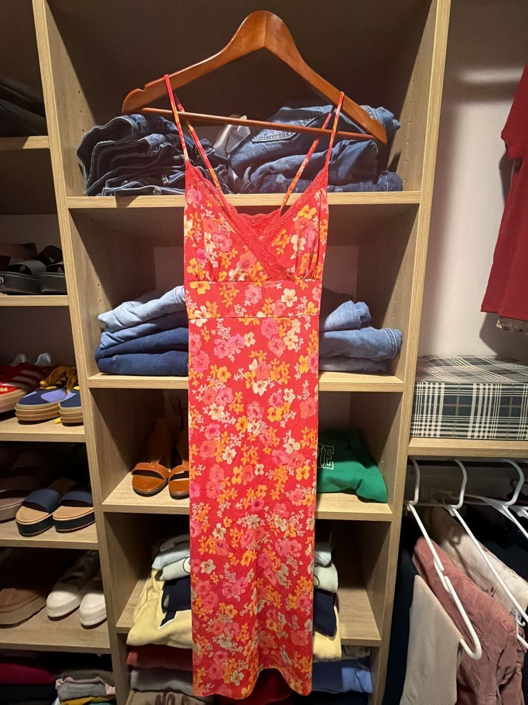 Express Vintage Y2K Floral Midi Slip Dress with Lace Trim