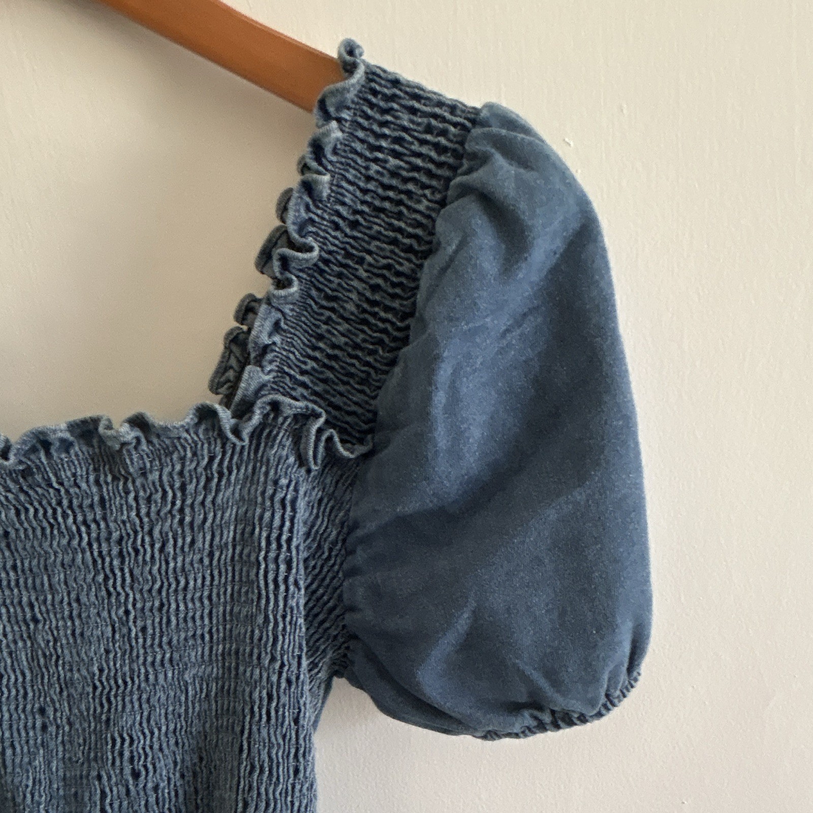 Dition Blue Denim Smocked Square Neck Puff Sleeve Tie-Back Mini Dress S