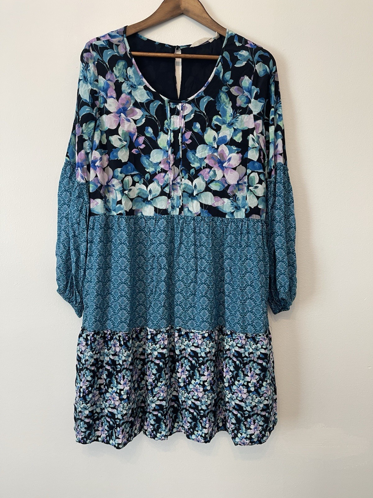 Soft Surroundings Night Bloom Tiered Boho Dress L Patchwork Blue Block Print