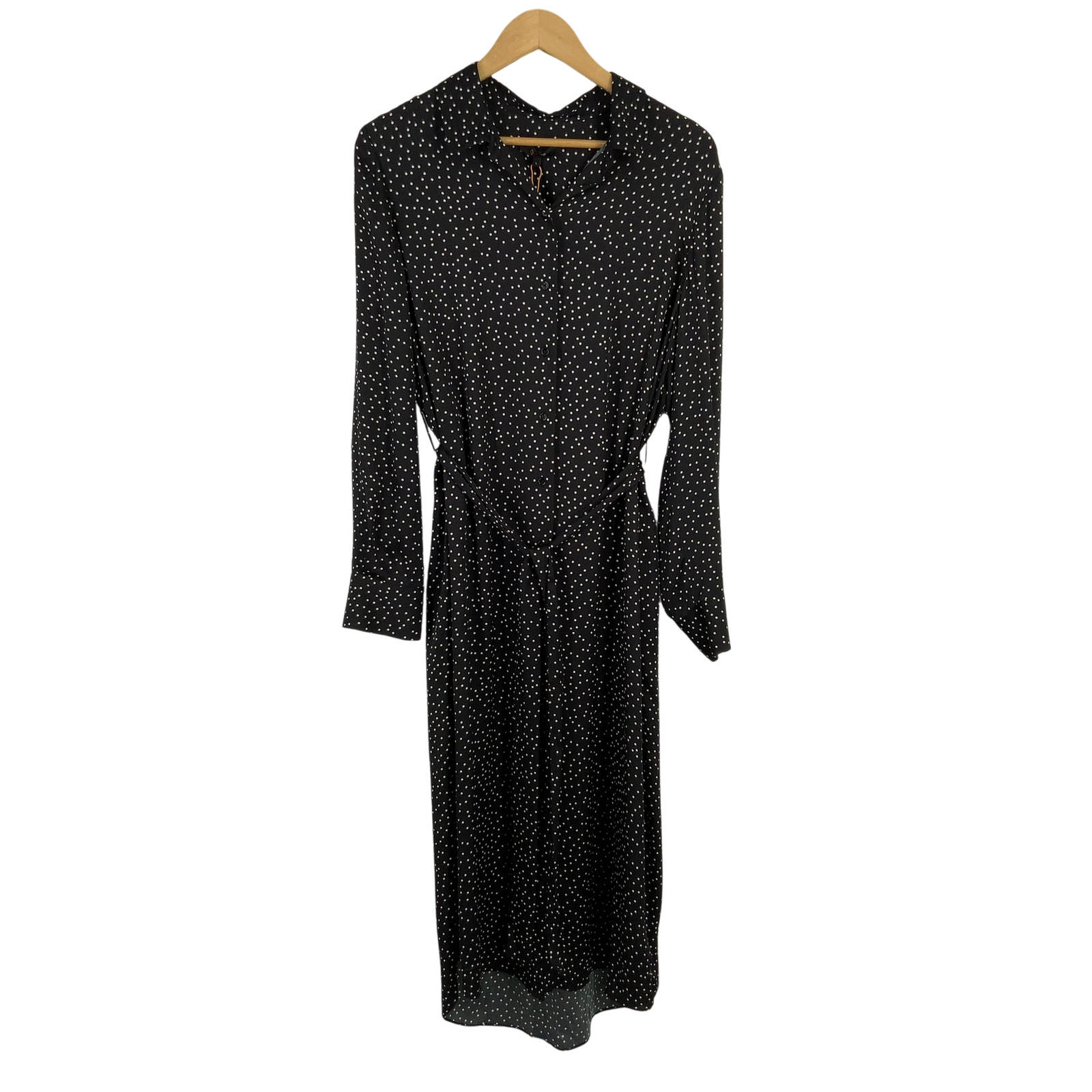 Quince Washable Stretch Silk Maxi Shirt Dress Tiny Dot Black/ White L