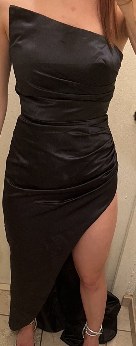Sheath/Column Strapless Satin Sleeveless Sweep/Brush Train Dresses Black Size 2