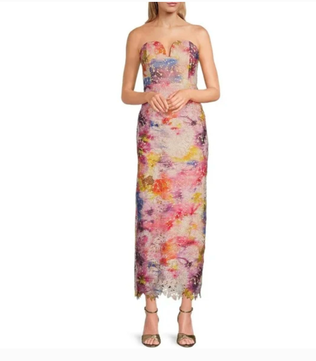 Belle Badgley Mischka Stella Rainbow Pastel Strapless Lace Long Dress Nwt 12