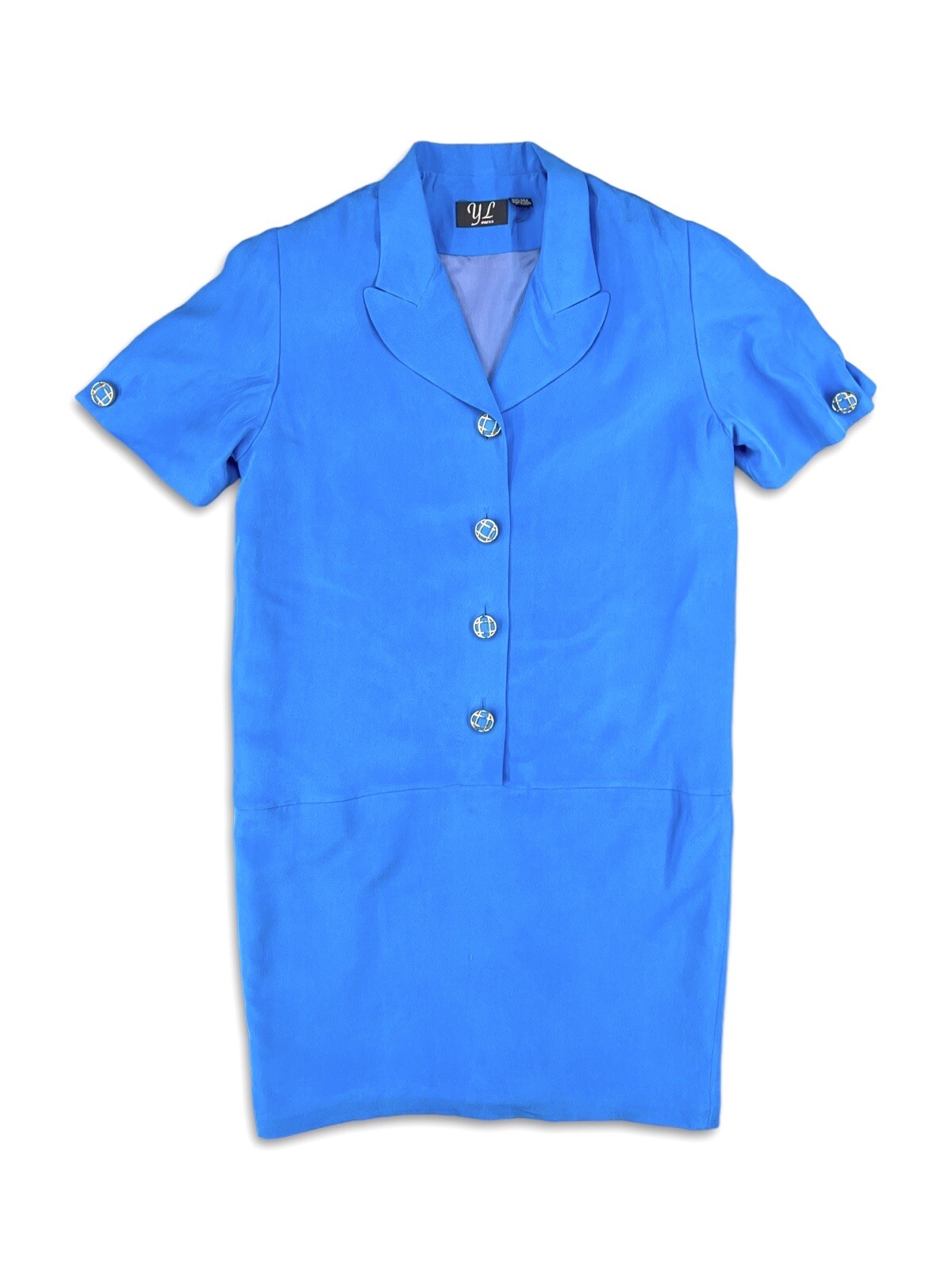 YL by Yair Sz 12 Blue Silk Dress Square Buttons Vintage style Ruffle Bottom