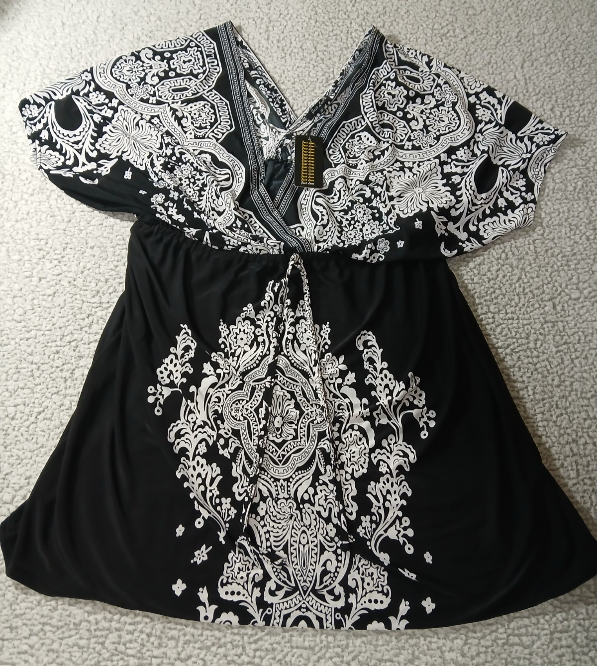 Just Love Womens Mini Dress 2X Black White Paisley Cinch Waist Butterfly Sleeve
