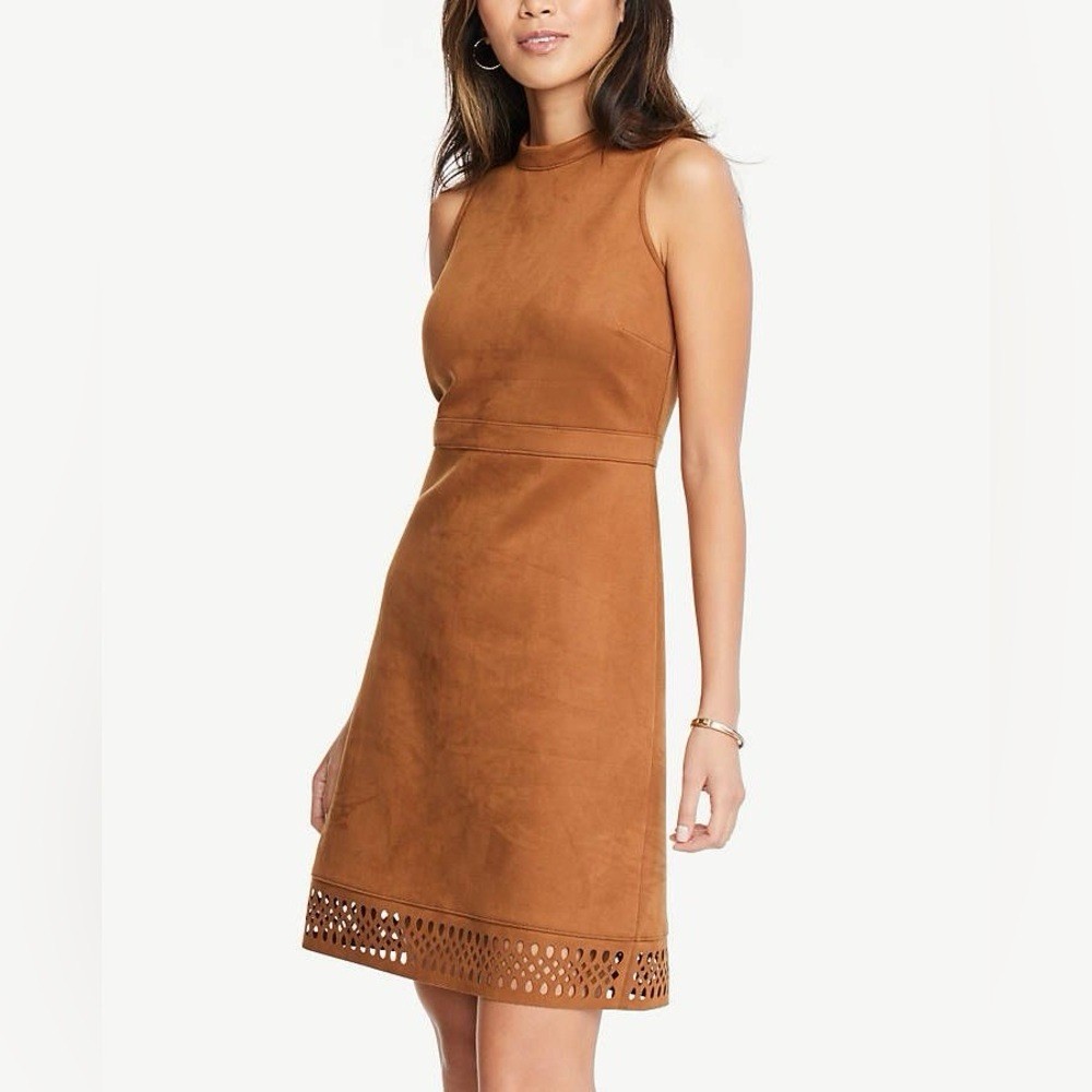 Ann Taylor Factory Brown Faux Suede Sheath Dress Mock Neck Laser Cut 4P