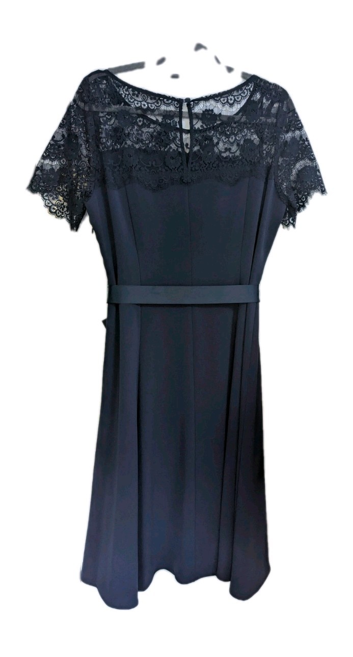 Jacques Vert Size 14 Navy Blue Dress Lace Top Wedding MOB MOG immaculate