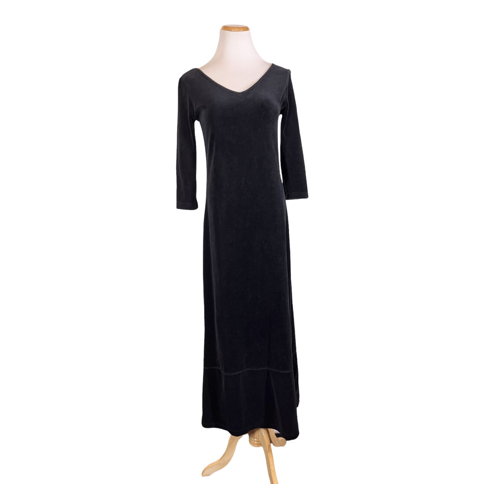 Spiegel Size S Black V-Neck Velour Dress 3/4 Sleeves Snap Slit
