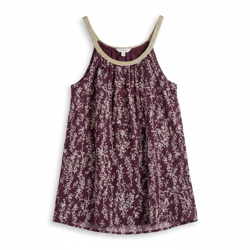 Charming Charlie Mini Sundress Plum Floral Gold Trim Halter Neck Size Medium
