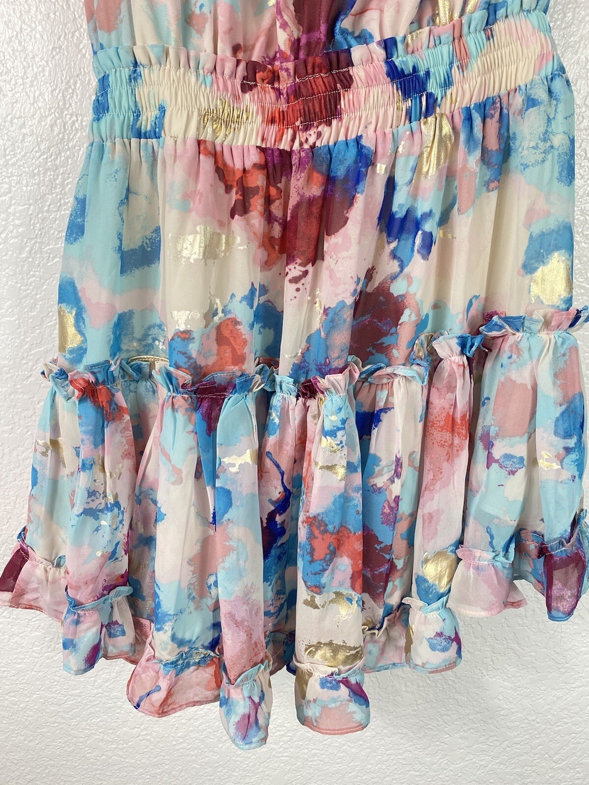 Buddy Love Sofia One Shoulder Water Colo Mini Dress Size Small Ruffle Smocked