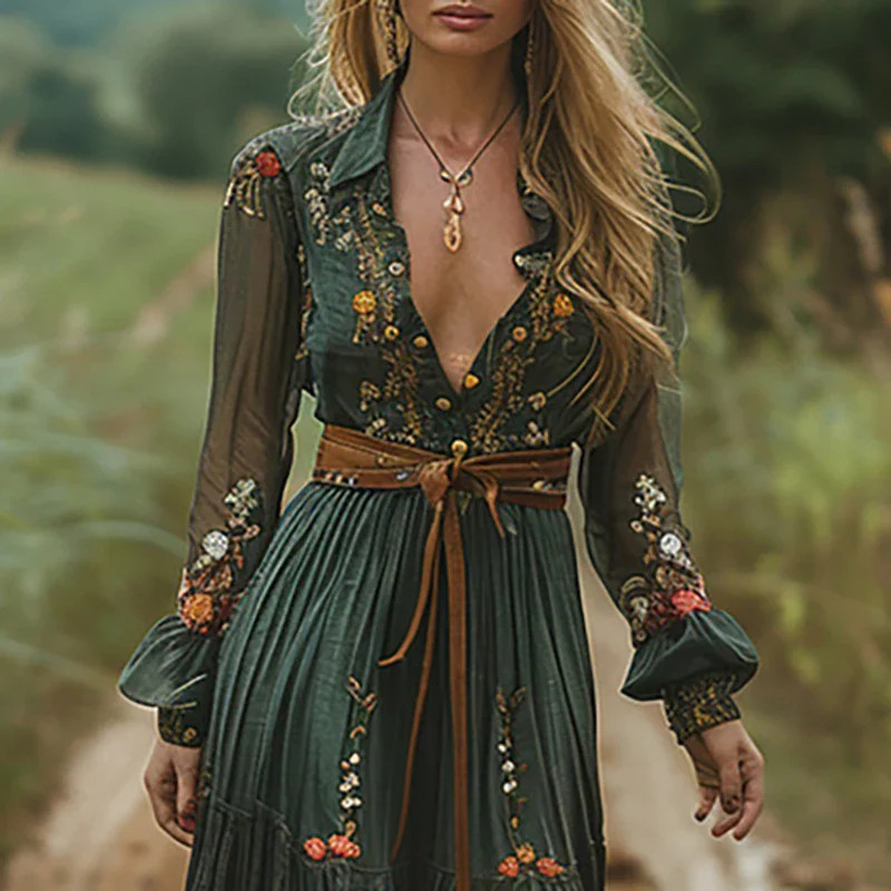 Floral Print Pleated Long Maxi Dress