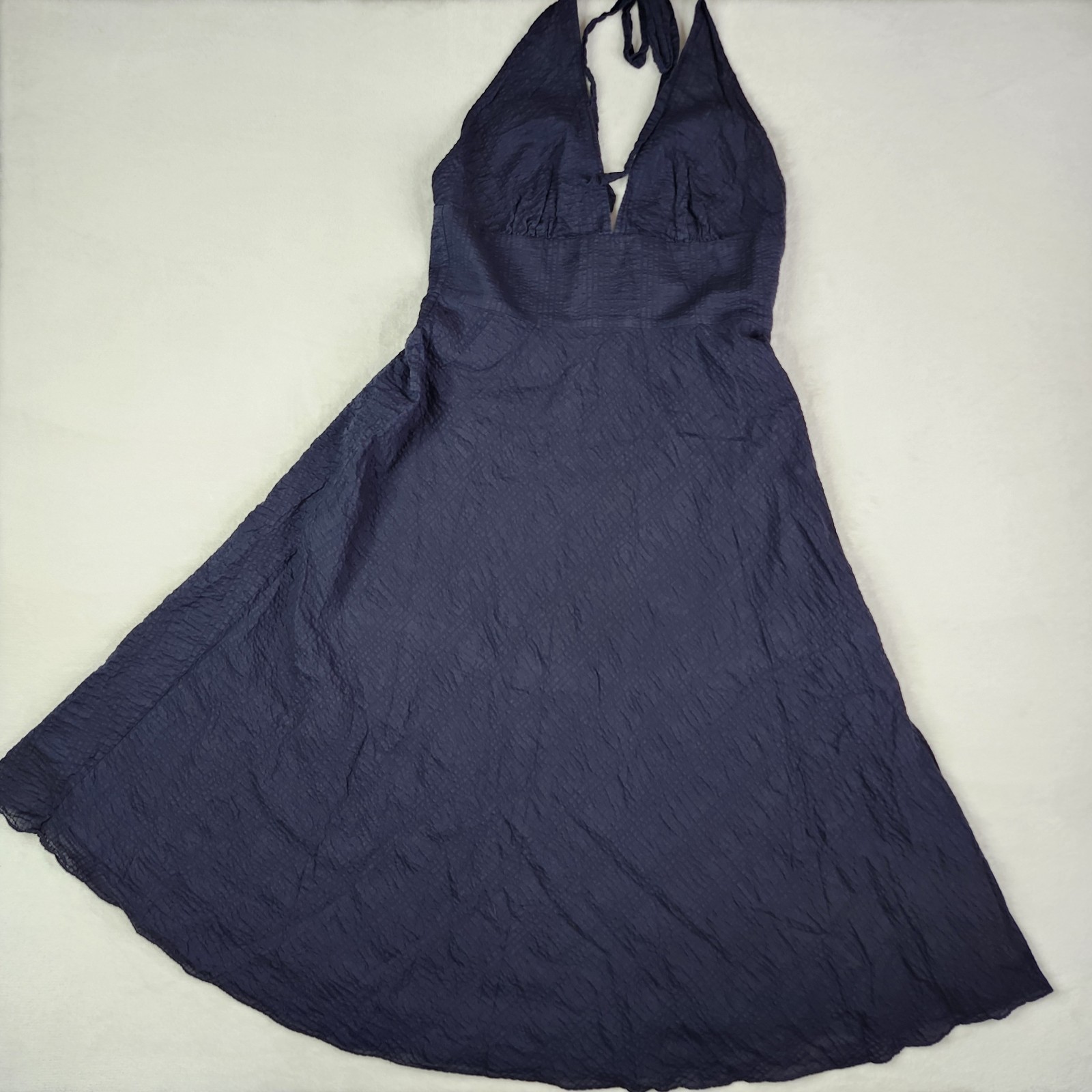 J. Crew Halter Dress Navy Blue 100% Cotton Texture Classic Preppy Fully Lined 4
