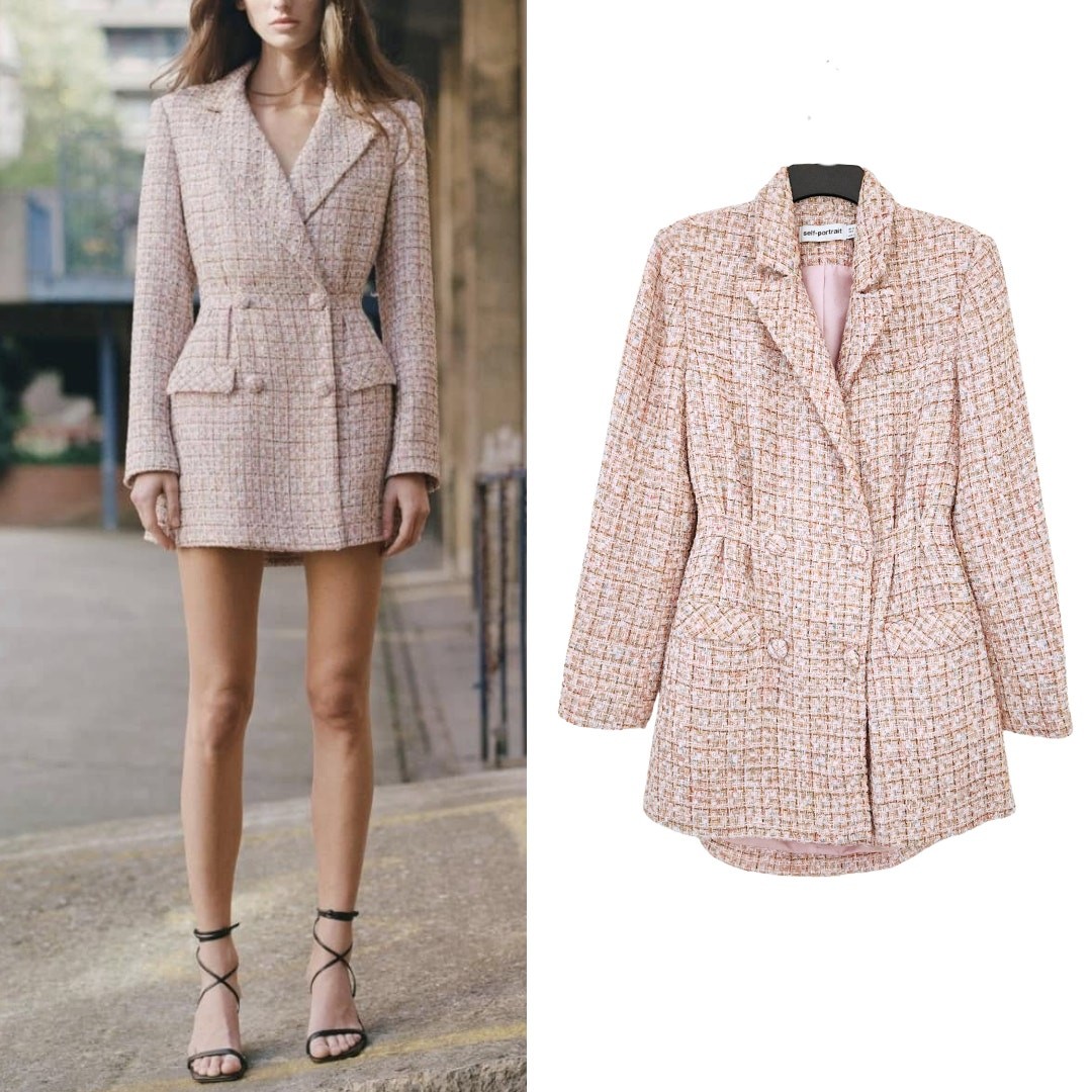 Self-Portrait Tweed Boucle Mini Dress Pink Gold Sequin Long Sleeve Suit Blazer 8