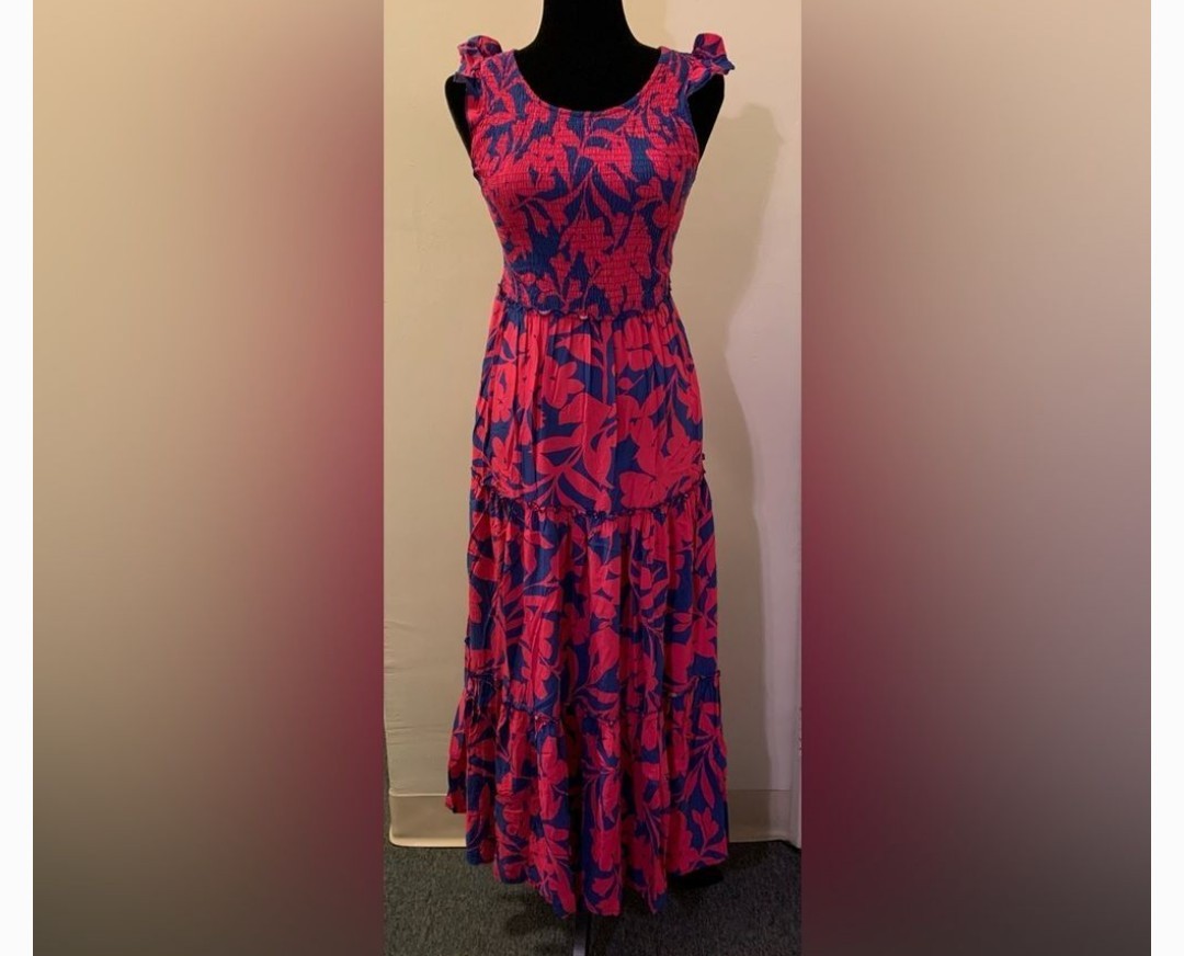 Anthro Abel The Label Floral Smocked Tiered Maxi Dress Women’s M Blue Fuchsia