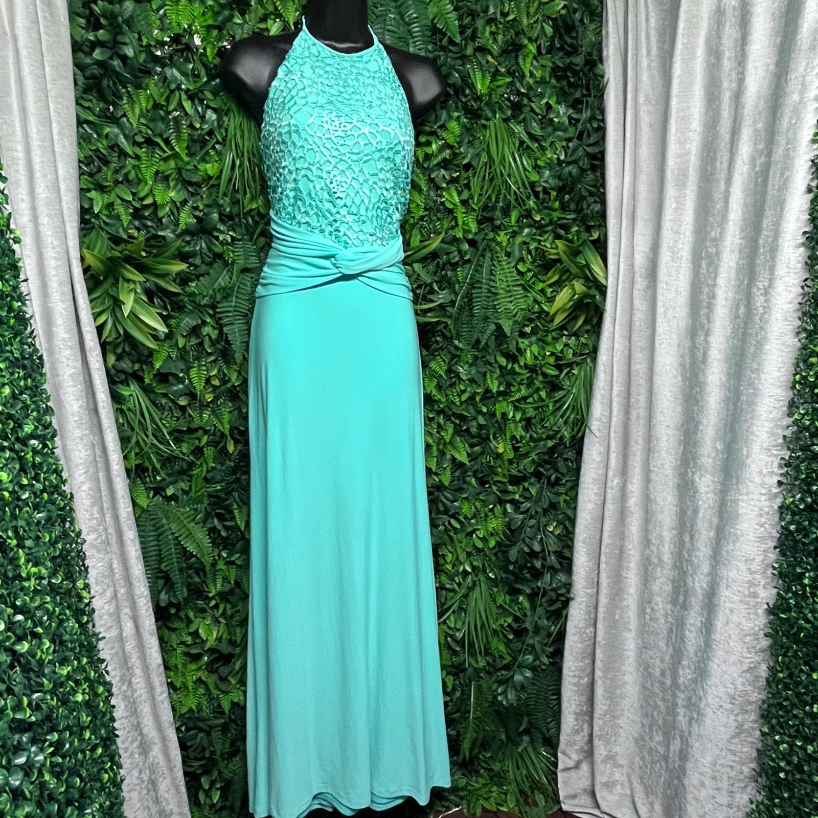 Va Va Voom Dress MediumTurquoise Halter Rhinestone Accent Knot Waist Maxi 3576