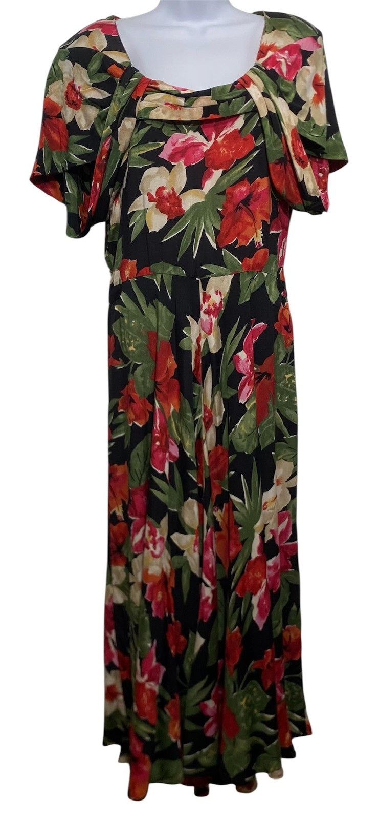 Vintage Carole Little Dress Womens 10 Black Floral Maxi Rayon Made USA 90s Boho