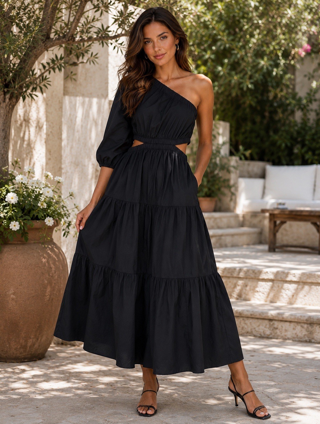 The Drop Black One Shoulder Midi Dress M Cotton Cutout Puff Sleeve Tiered