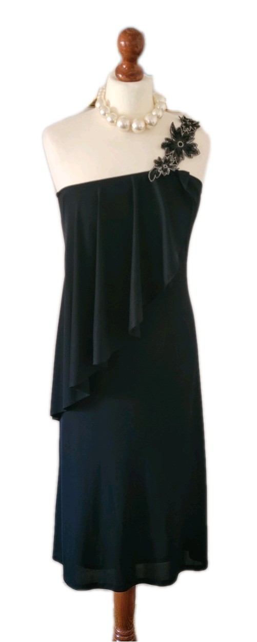CLAUDIE AMOS Vintage Black One Shoulder Floral Applique Dress UK8 Made In UK