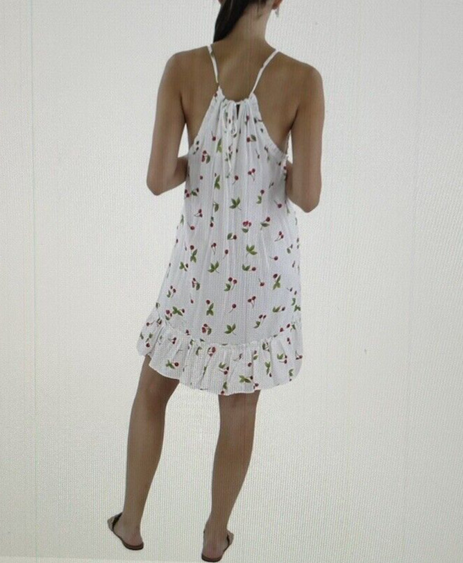 Aqua Womens White Cherries Printed Mini Tiered Halter Dress Size Various