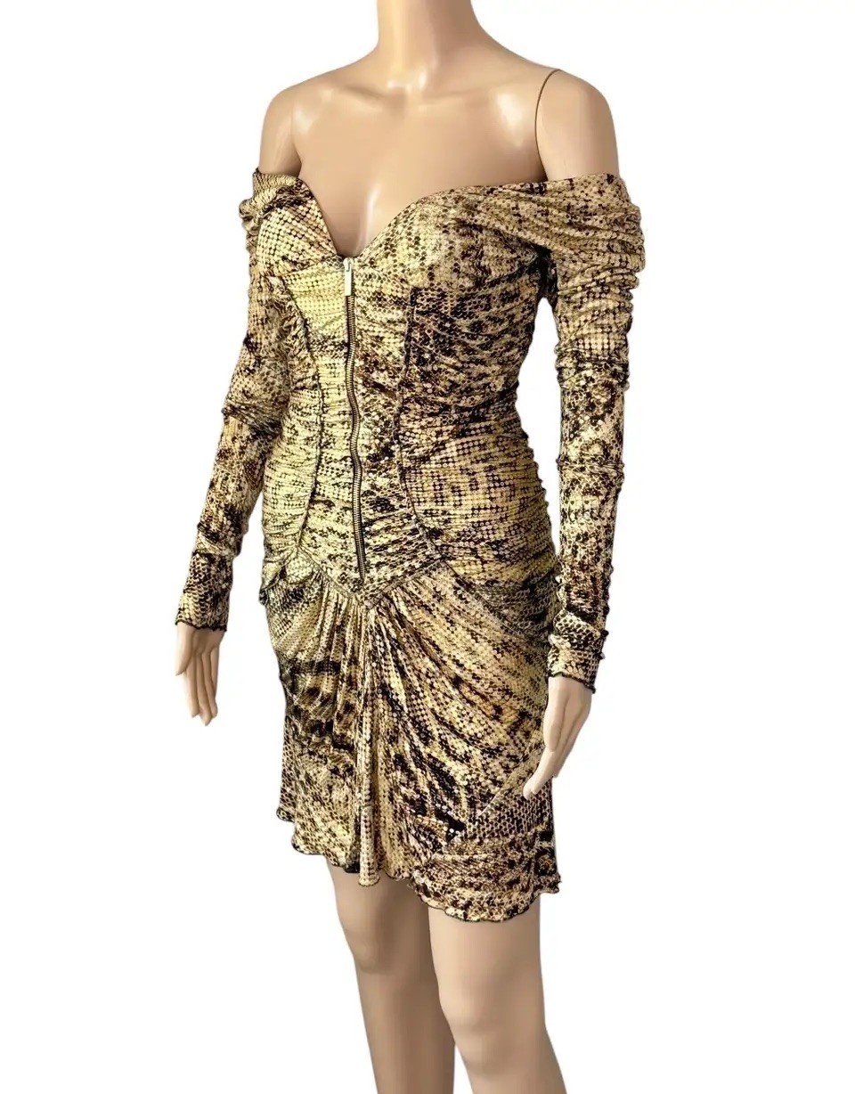 Roberto Cavalli F/W 2003 Runway Plunging Bustier Ruched Zipper Metallic Dress