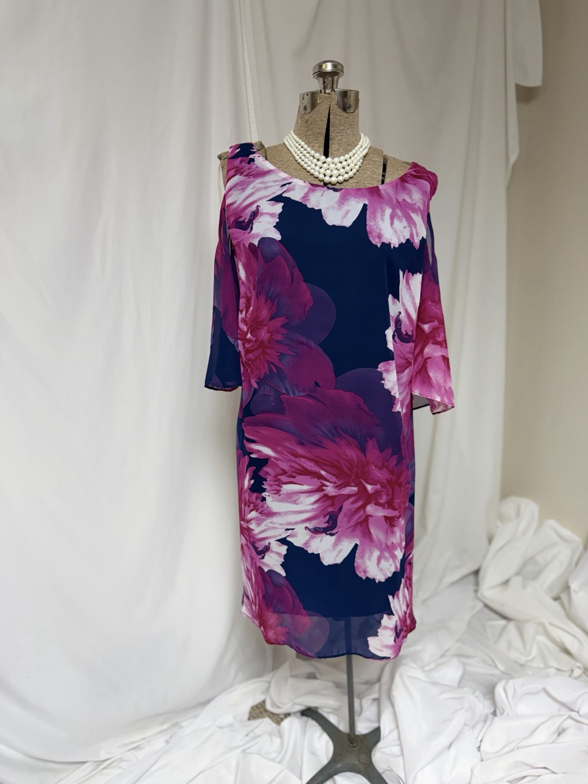 NEW Connected Apparel Dress Size 16W MIDI Resort Colorful Navy Pink Easy Care