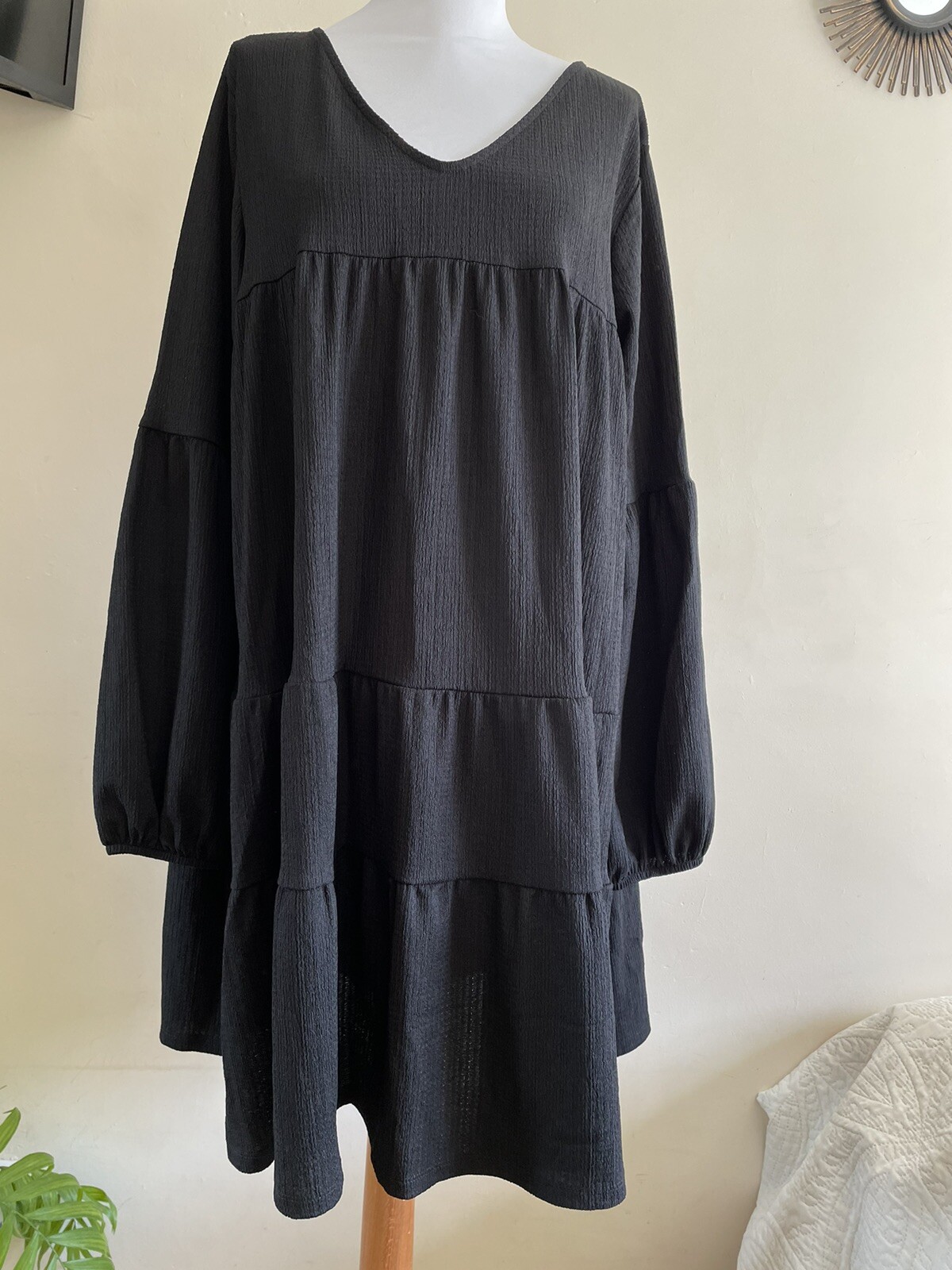 Warehouse Black Oversized Lagenlook Long Sleeve Tent Trapeze Dress Uk 14 New