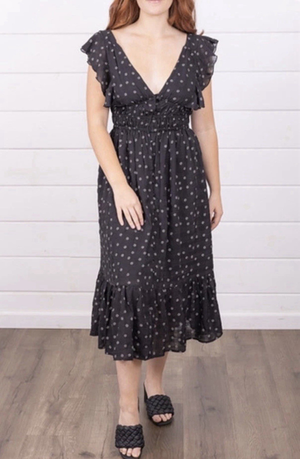 Bishop + Young Black And White Floral Santorini Midi Dress, Button Up Ruffle