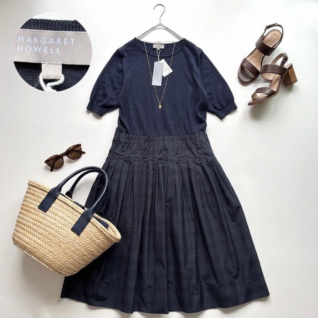 Tag Attached Margaret Howell Linen Cotton Navy Knit Docking Dress Short Sleeve