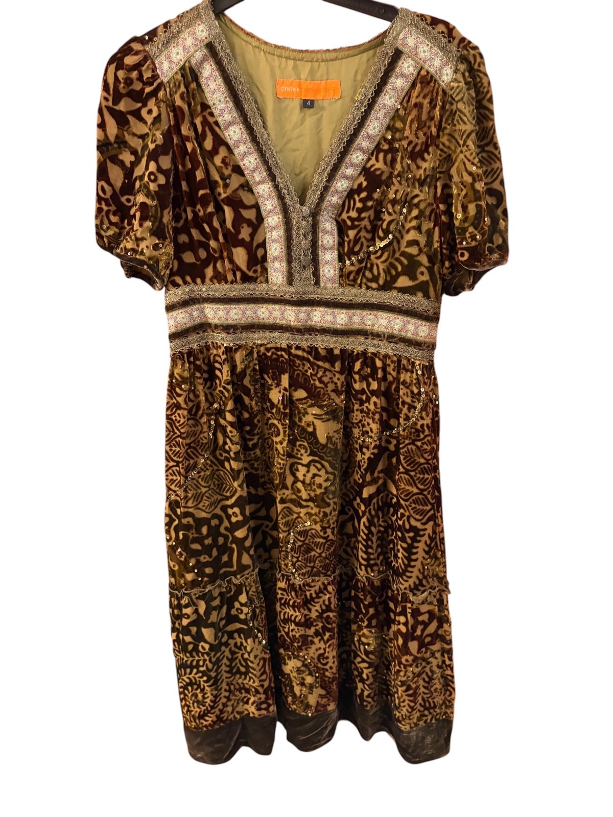 Cynthia Cynthia Steffe Cocktail Dress Vtg paisley brown & green velvet Boho SZ 4
