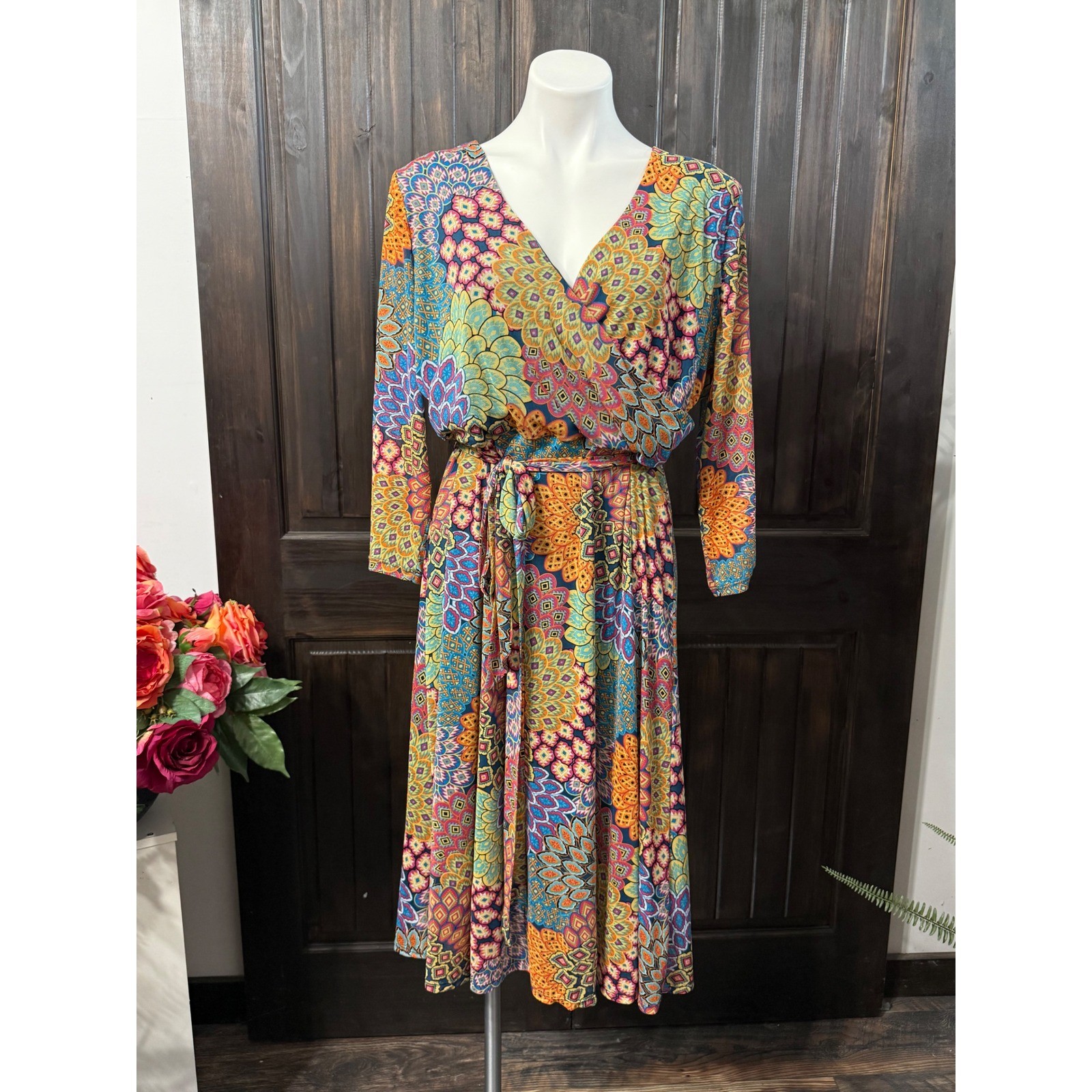 Harlow & Rose Woman 2X Midi Dress Faux Wrap Mandala Geometric Print Long Sleeve