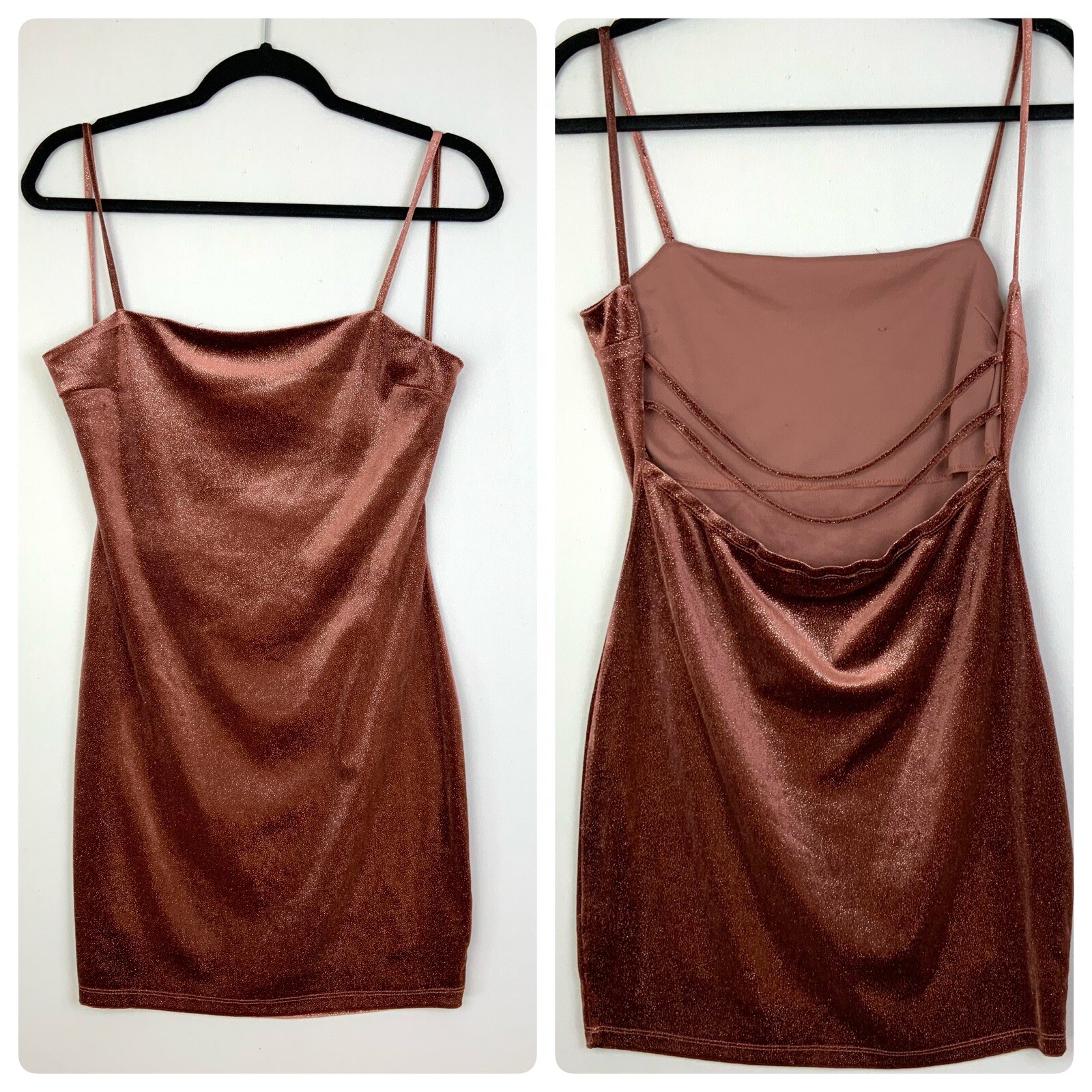 Inspired Hearts Large Mauve Gold Sparkle Square Neck Strappy Velvet Mini Dress