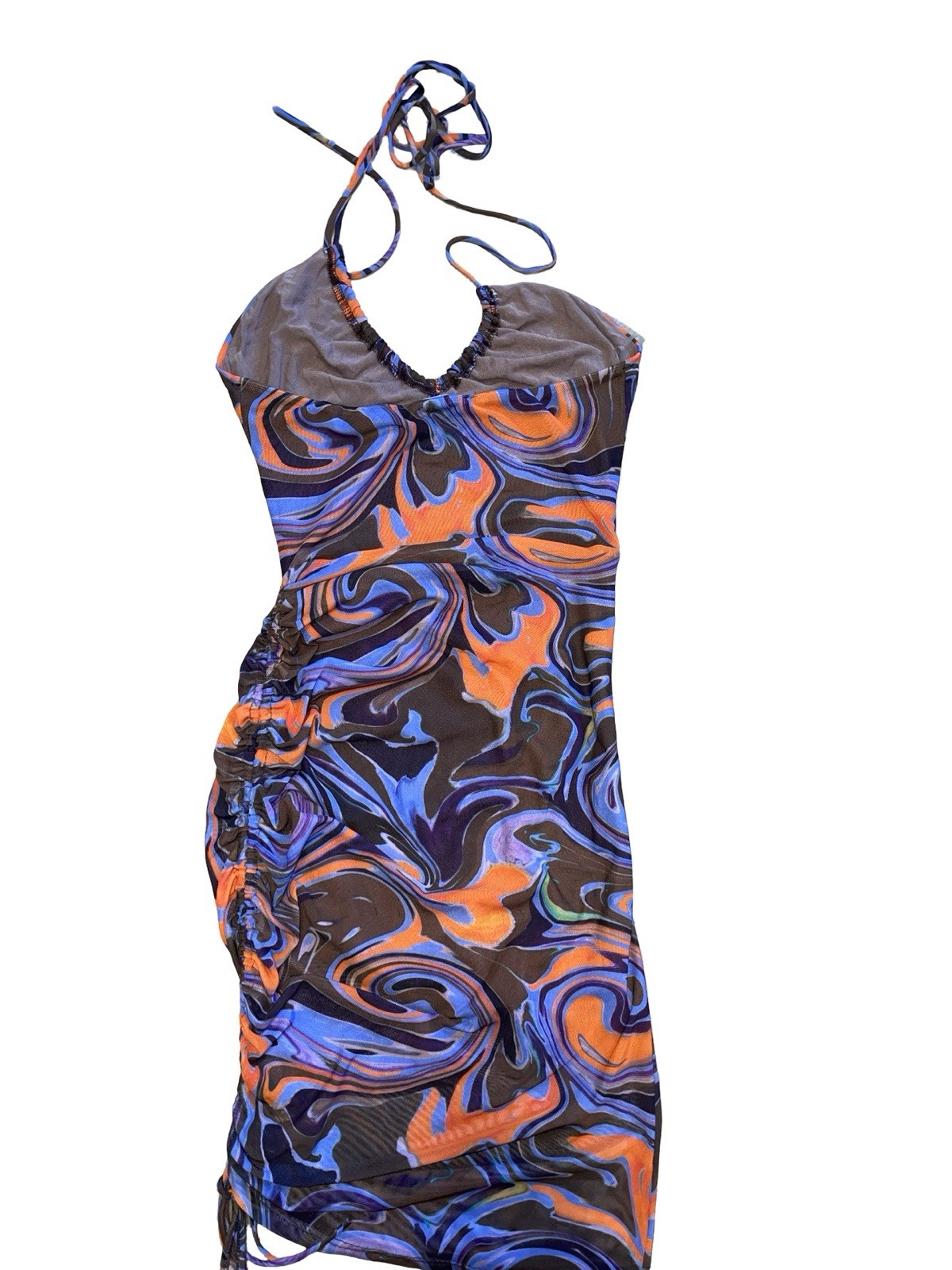 Miss Lola Women’s Multicolor Abstract Mesh Halter Ruched Cut Out Mini Dress S
