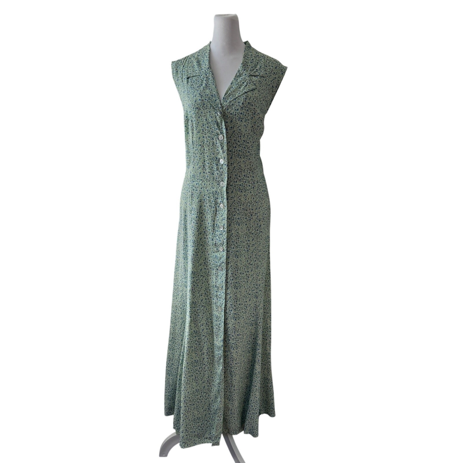 Vintage Y2K Robbie Bee Mint Green Floral Print Collared Button Front Maxi Dress