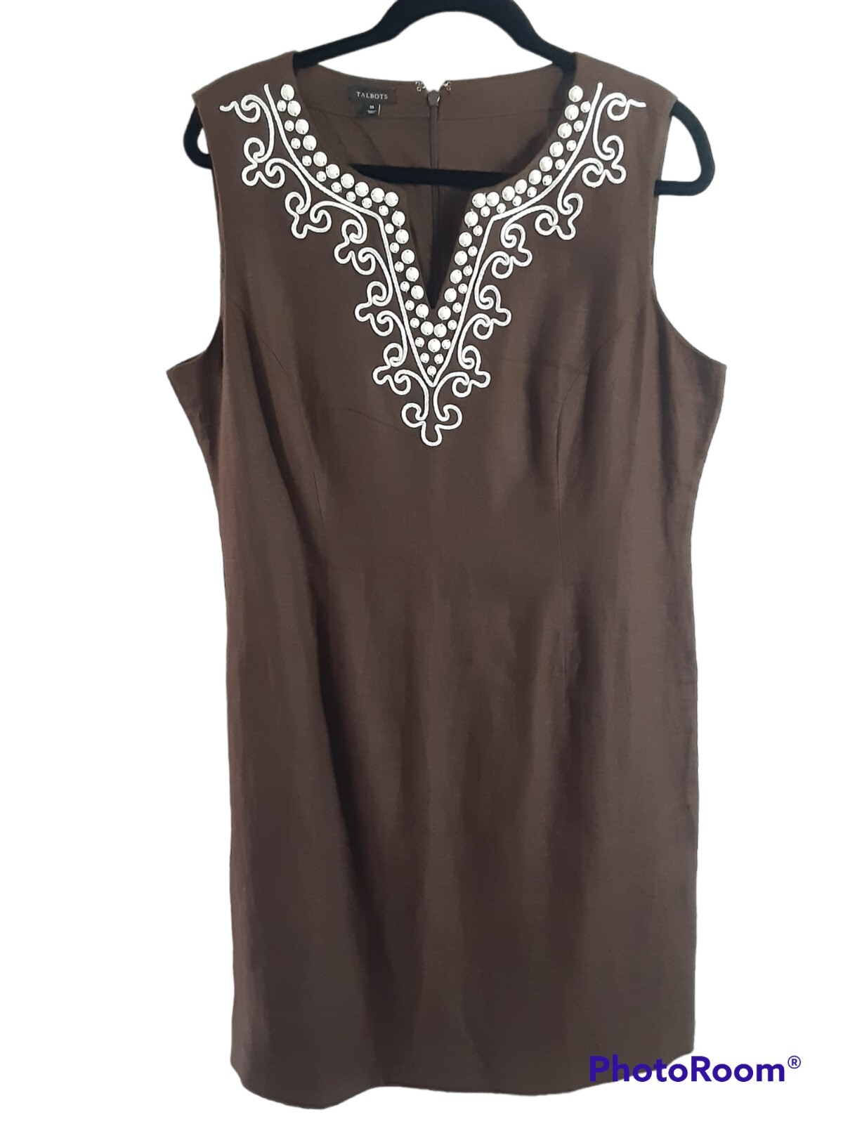 Talbots Size 16 Linen Lined Sleeveless Round Split Neck Beads Knee Sheath Dress
