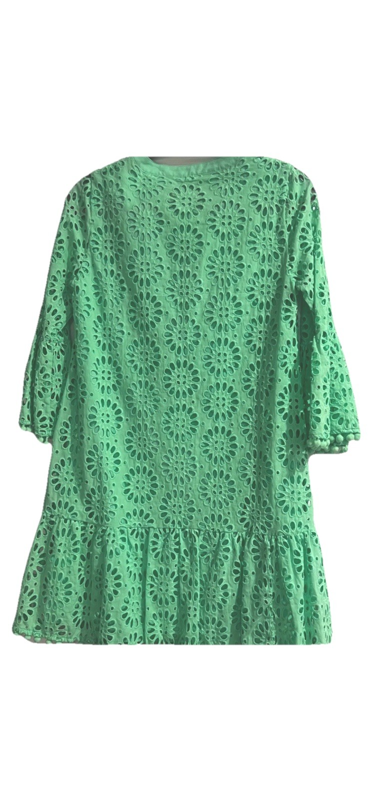 Lilly Pulitzer Green Eyelet Dress – Size Small, Pom Pom Trim, Boho Resort Vibes